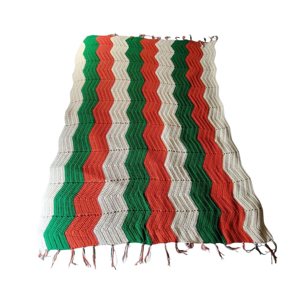 Hand Crochet Afghan Chevron Orange Green 60x62 Blanket Throw Zig Zag Vtg Boho